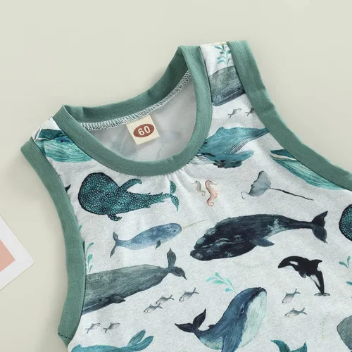 Vista 3 de Muasaaluxi Mameluco de una pieza para bebé recién nacido, sin mangas, con estampado de peces, traje de verano