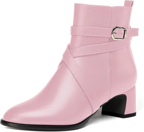 Vista 12 de WAYDERNS Botas altas de tobillo con hebilla casual para mujer, con correa de tobillo sólida mate, tacón bajo y grueso, 2 pulgadas