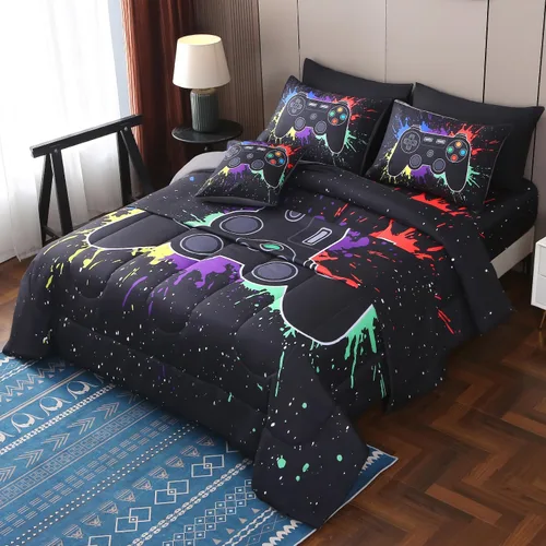 Vista 10 de JQinHome - Juego de edredón Gamer individual para niños y niñas, juego de cama en una bolsa de 6 piezas con diseño de videojuego 3D - Juego de ropa