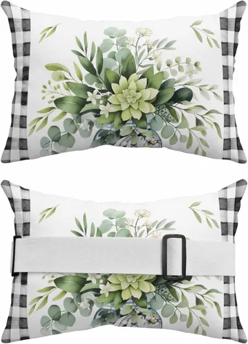 Vista 2 de Paquete de 2 fundas de almohada lumbar con hojas de eucalipto, impermeables, para exteriores, color verde botánico acuarela negra a cuadros