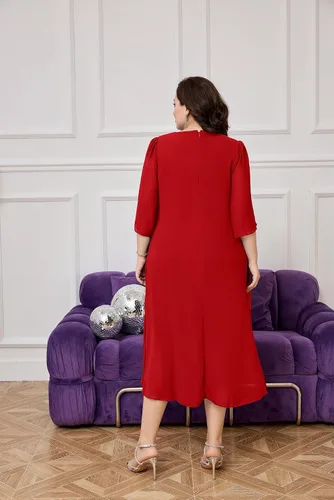 Vista 3 de Hanna Nikole Vestido de cóctel de gasa para mujer, talla grande, con volantes, manga 34, vestidos de fiesta de invitados de boda con dobladillo alto