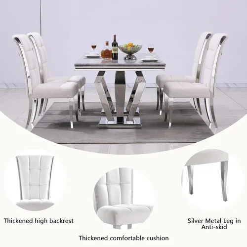 Vista 8 de ACEDÉCOR Juego de mesa de comedor blanca para 4, mesa de comedor de lujo blanca con sillas de comedor de terciopelo blanco de alta gama