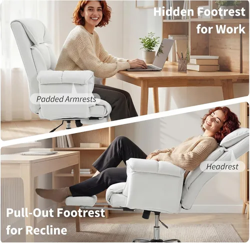 Vista 9 de HOMCOM Silla de oficina ejecutiva cómoda con reposapiés, silla giratoria reclinable de escritorio para computadora con respaldo alto plegable, cojín