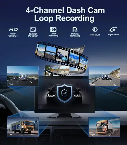Vista 3 de Cámara de respaldo de 4 canales de 1080p con pantalla de 10.2 pulgadas, cámara de respaldo de grabación DVR