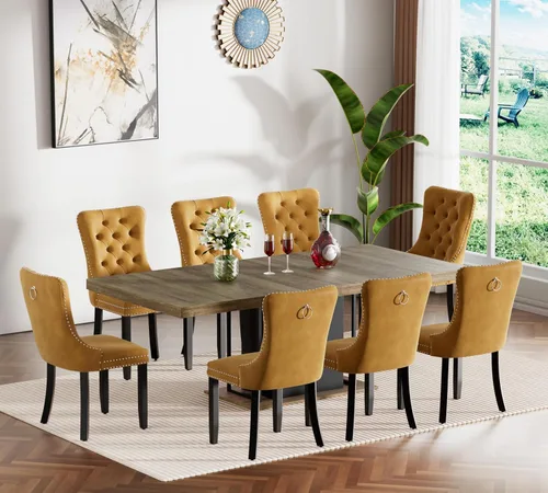 Vista 28 de Henf Juego de mesa de comedor extensible de 78 pulgadas para 6 mesas rectangulares de madera de 7 piezas con 6 sillas tapizadas de terciopelo, mesa