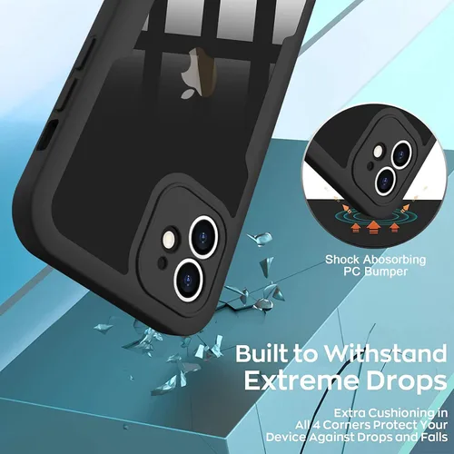 Vista 3 de Funda compatible con iPhone 11, diseño transparente de cuerpo completo con protector de pantalla integrado, a prueba de golpes, antiarañazos, Negro