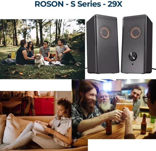 Vista 5 de ROSON Altavoz de computadora, altavoz de tamaño compacto con conector para auriculares, graves mejorados y control de volumen, altavoces multimedia