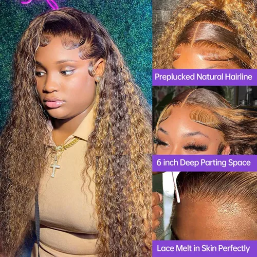 Vista 2 de Highlight Pelucas de Encaje Frontal 13x6 Cabello Humano Rubio Miel Ombré Ondas Profundas Pelucas de Encaje Frontal Cabello Humano para Mujeres