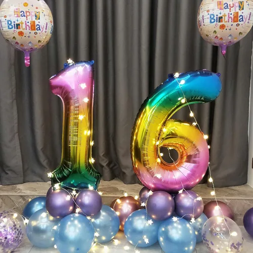 Vista 3 de Globos de Papel de Aluminio con Dígitos de Arcoíris de 40 Pulgadas con Helio para Fiestas de Cumpleaños (Arcoíris Oscuro 0)