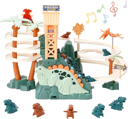 Vista 7 de Juego de pista de persecución de dinosaurios con música, tobogán de doble bucle, subir escaleras y montaña rusa, juguete educativo para niños Verde