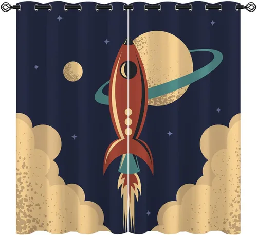 Vista 11 de Cortinas opacas con diseño de cohetes de dibujos animados para niñas y niños, decoración del hogar, aventura en el espacio, galaxia, planetas, azul