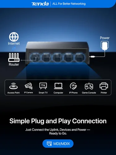 Vista 9 de Tenda Conmutador Gigabit Ethernet de 5 puertos, divisor Ethernet de escritorio, concentrador de conmutador de red no administrado, Plug & Play