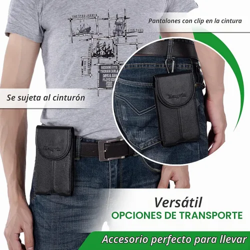Vista 6 de Funda de cuero real para cinturón de teléfono celular con clip de Negro