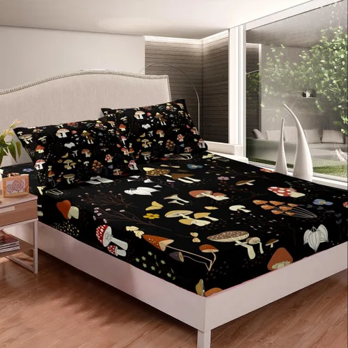 Vista 3 de Erosebridal Juego de sábanas de hongos para cama individual, diseño de hongos de dibujos animados, diseño de mariposas kawaii, plantas botánicas