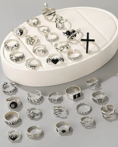 Vista 8 de Anillos punk góticos de plata vintage para hombres y mujeres y niñas paquete de anillos góticos geniales anillos de animales apilables gruesos a