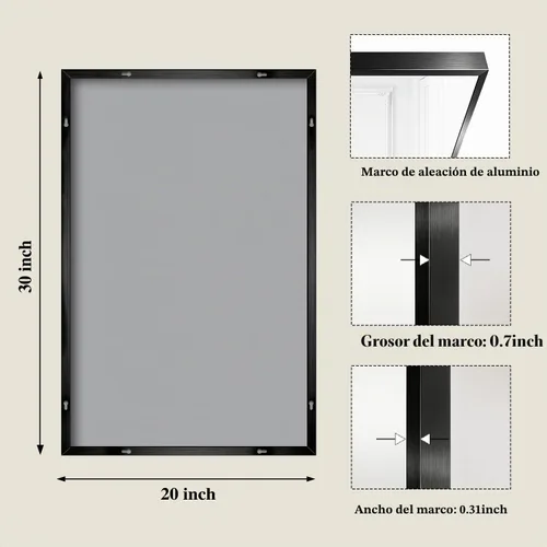 Vista 2 de Koonmi Espejo de pared rectangular negro, espejo de baño de 20 x 30 pulgadas, espejo de tocador con marco de aluminio para entrada, sala de estar