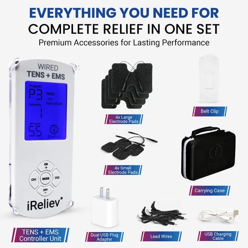 Vista 8 de iReliev Unidad TENS + estimulador muscular EMS con 14 modos de terapia, sistema de alivio del dolor y recuperación premium, recargable, pantalla