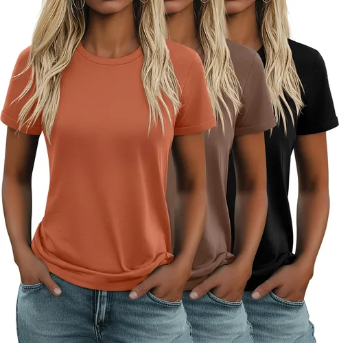 Vista 44 de Huukeay Paquete de 3 camisetas de algodón para mujer, estilo casual, de manga corta, cuello redondo, ajuste holgado, básica, lisa