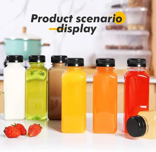Vista 4 de MANSHU Botellas de jugo de plástico de 10 onzas, recipientes reutilizables para bebidas a granel, con tapas negras a prueba de manipulaciones