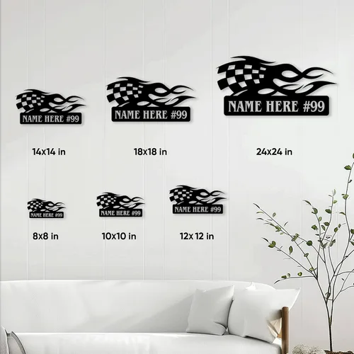 Vista 4 de Letrero de metal personalizado de carreras – Muro personalizado con nombre de coche de carreras, valla, garaje, patio, hogar, cueva de hombre