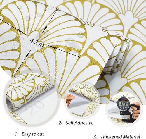 Vista 5 de MelunMer Papel tapiz dorado para despegar y pegar, papel adhesivo dorado bohemio para gabinetes, autoadhesivo, extraíble, para dormitorio/baño