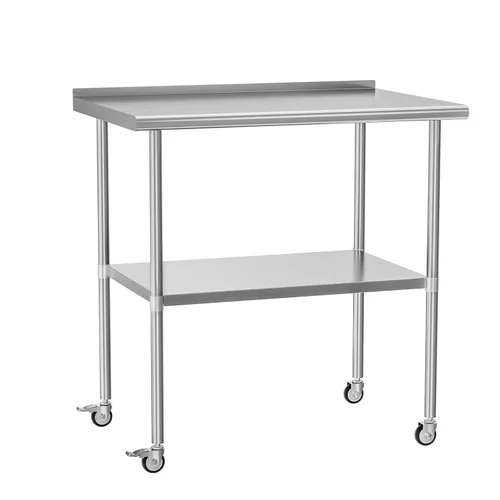 Vista 8 de Mesa de acero inoxidable con ruedas de 24 x 30 pulgadas, mesa de trabajo utilitaria con estante inferior ajustable para cocina comercial, garaje