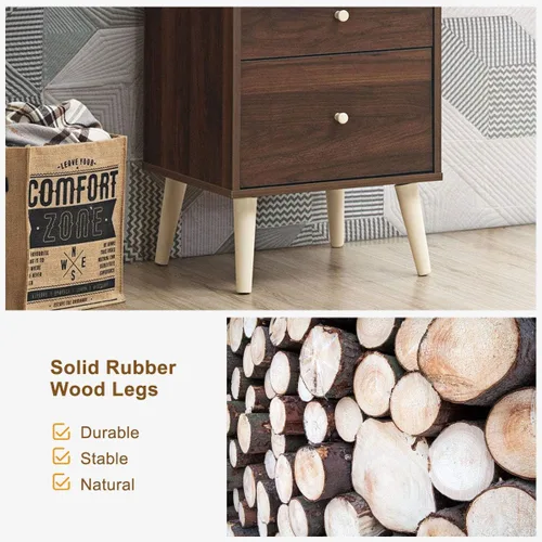 Vista 6 de Giantex Mesita de noche con cajones y patas de madera de goma maciza, gran espacio de almacenamiento para dormitorio, sala de estar, pasillo