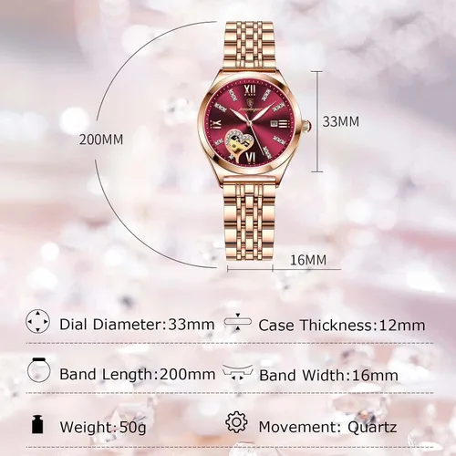 Vista 5 de RORIOS Reloj mecánico automático con correa de acero inoxidable, reloj luminoso de cuerda automática para mujer