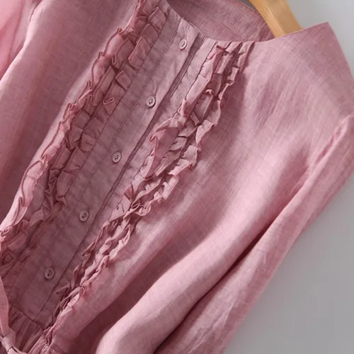 Vista 5 de Gamivast Vestidos de lino de manga 34 para mujer, casual, de verano, manga corta, cintura alta, vestido camisero de lino con botones