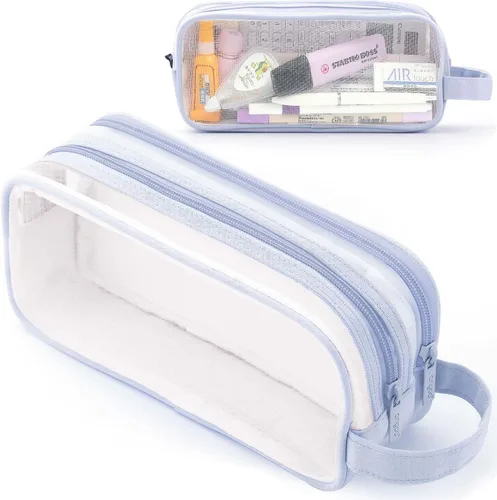 Vista 11 de Estuche grande de malla de malla con 2 compartimentos, bolsa transparente para lápices con cremallera, bolsa de papelería transparente multifunción