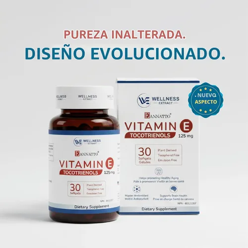 Vista 2 de WELLNESS EXTRACT Eannatto Tocotrienoles Suplementos de vitamina E sin tocoferol, sin OMG, sin gluten y antioxidante (125 mg 30 cápsulas blandas)