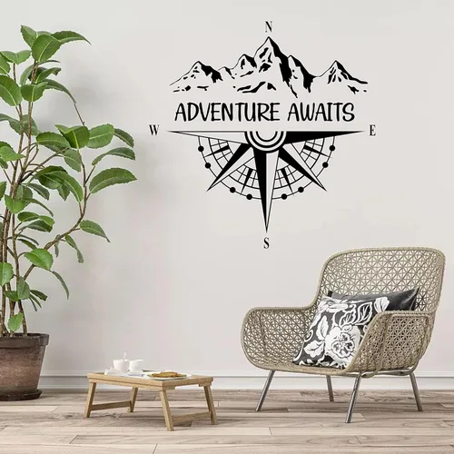 Vista 4 de Calcomanías de pared de brújula Adventure Awaits - Calcomanías de pared de vinilo para decoración de pared de dormitorio, sala de estar, Y46 (negro)