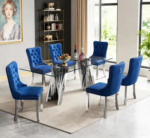 Vista 33 de Juego de mesa de comedor de cristal dorado de 5 piezas, 70 pulgadas, rectangular, moderna, para cocina y comedor, juego para 4, mesa de comedor