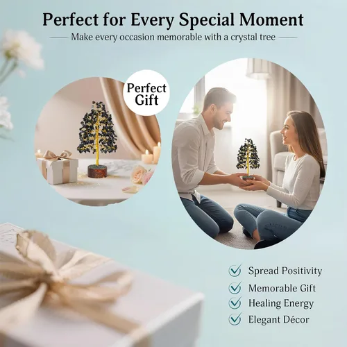 Vista 7 de FASHIONZAADI Árbol de Gemas de Turmalina Negra - Árbol Bonsái de Dinero Feng Shui para Decoración del Hogar - Regalo Espiritual de Cristal