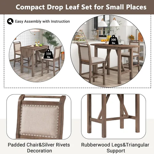 Vista 6 de RUNNA Juego de mesa de comedor de madera de 3 piezas con 2 sillas de comedor tapizadas para lugares pequeños (marrón #059)