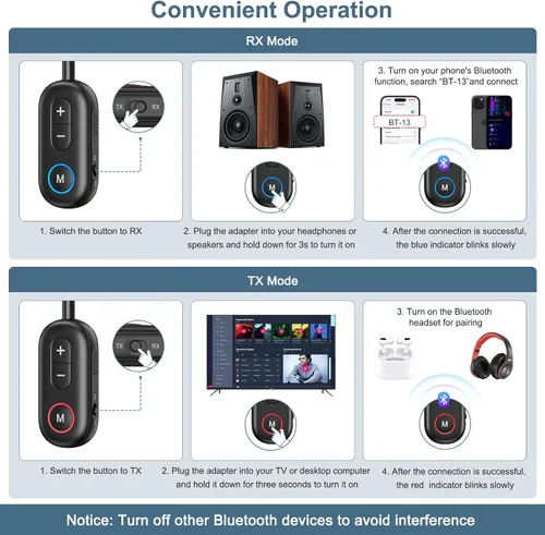 Vista 8 de Receptor transmisor Bluetooth 5.3 actualizado 2 en 1, adaptador Bluetooth para avión, baja latencia, manos libres, adaptador de audio auxiliar