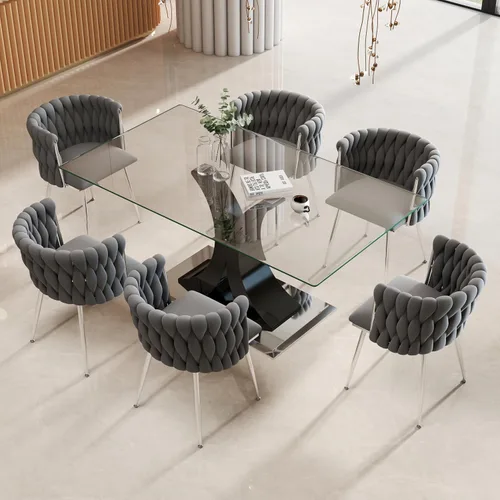 Vista 25 de Juego de comedor moderno de vidrio de lujo de 5 piezas, juego de cena rectangular minimalista grande para 4, juego de mesa de cocina de vidrio