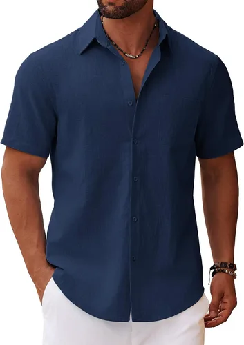 Vista 17 de COOFANDY Camisa de manga corta con botones para hombre, casual, de algodón, para verano, playa, lino, para boda, con bolsillo