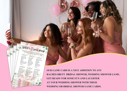 Vista 5 de Juego de despedida de soltera – What In Your Purse Tarjetas de fiesta para boda – Decoración floral de fiesta de boda – Suministros y actividades