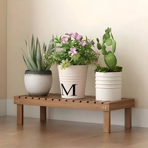 Vista 21 de Soporte rectangular para plantas de madera maciza de 1 nivel, 4 patas, flores, suculentas, rábano verde, de una sola capa, escalera de balcón Marrón