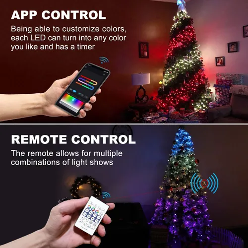Vista 5 de Luces de cadena para árbol de Navidad con aplicación inteligente Ring, 200 luces LED cascada, impermeables IP65, modos múltiples con mando a