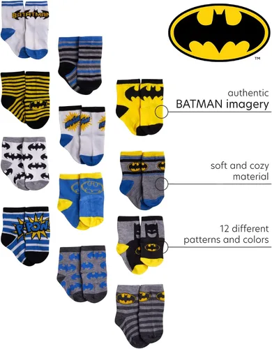 Vista 2 de DC Comics Calcetines para bebés niños y niñas, paquete de 12 calcetines de Batman, Wonder Woman, Superman, Liga de la Justicia, Super Girl (0-24M)
