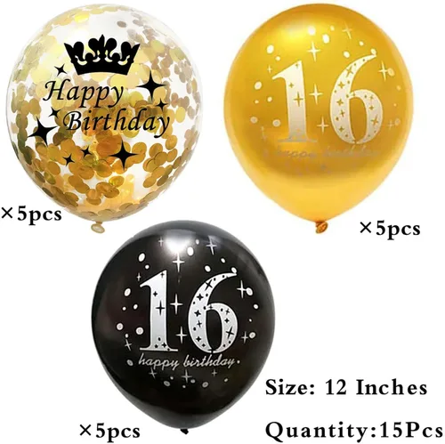 Vista 6 de SHUNTAI Decoraciones de cumpleaños 16 negro y dorado, globos de cumpleaños dulces 16 de látex, globo de confeti dorado de 16 años, tema de feliz