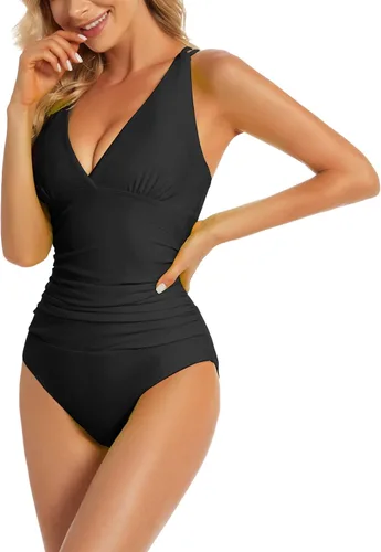 Vista 5 de Traje de baño de una pieza mejorado para mujer, trajes de baño con control de abdomen, diseño único sexy con espalda cruzada, traje de baño fruncido