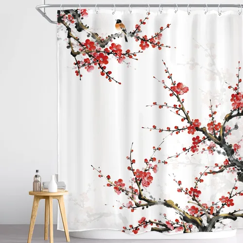 Vista 25 de Cortina de ducha floral roja para baño, 60 pulgadas de ancho x 72 pulgadas de largo, flor de cerezo, ciruela, estética asiática, japonesa, acuarela