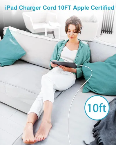 Vista 5 de Cargador de pared y cable para iPad de Apple, 10 pies, 2 juegos, bloque de carga rápida para iPad de 12 W, cable Lightning de 10 pies certificado