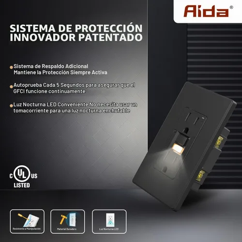 Vista 2 de AIDA - Salida GFCI de 15 amperios, enchufe eléctrico con luz nocturna de autoprueba, receptáculo resistente a manipulaciones con indicador LED