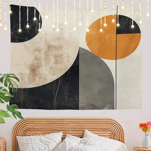 Vista 7 de Shrahala Modern Abstract Artwork Wall Tapestry, Orange Black Beige Wall Hanging Large Tapestry Decoration Polyester Fiber White Hem Around for Dorm