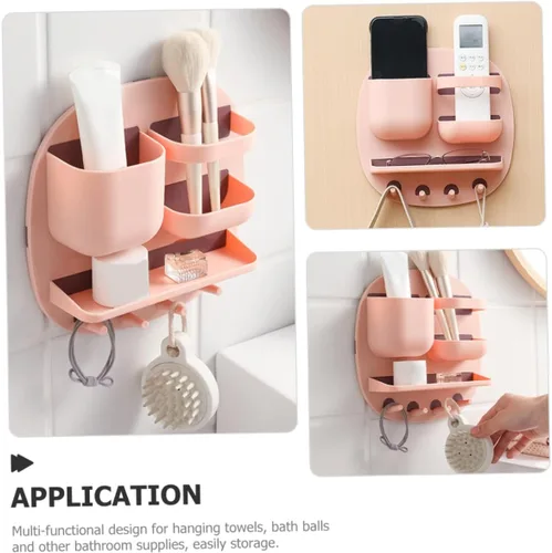 Vista 4 de Estante de pared para baño, estante para colocar sobre el gabinete, estantes de cocina de polipropileno rosa, estante organizador de baño