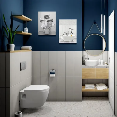 Vista 5 de Divertido lienzo de pared de gato en blanco y negro, decoración moderna de pared de baño, gato sentado en el inodoro, lectura de periódicos, pintura